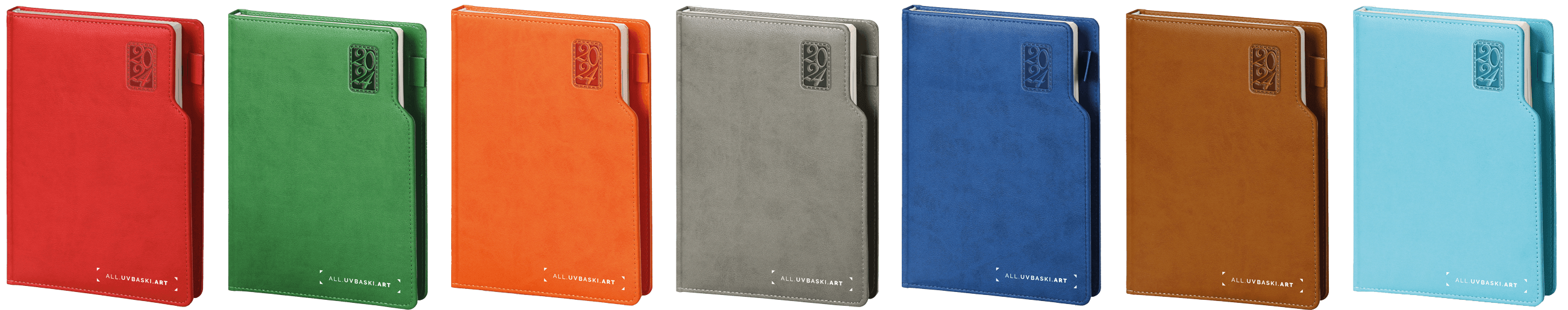 Renkli ve çeşitli desenlerde baskılı ajandalar.