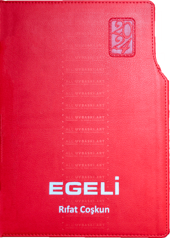 UV baskılı ajanda üzerinde firma logosu ve renkleriyle kişiselleştirilmiş bir tasarım.