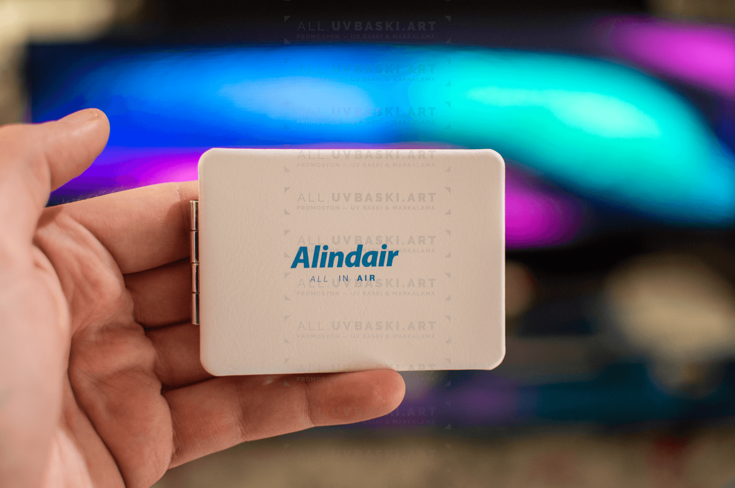 PU deri üzerine Mimaki UV baskılı el ve cep aynası.