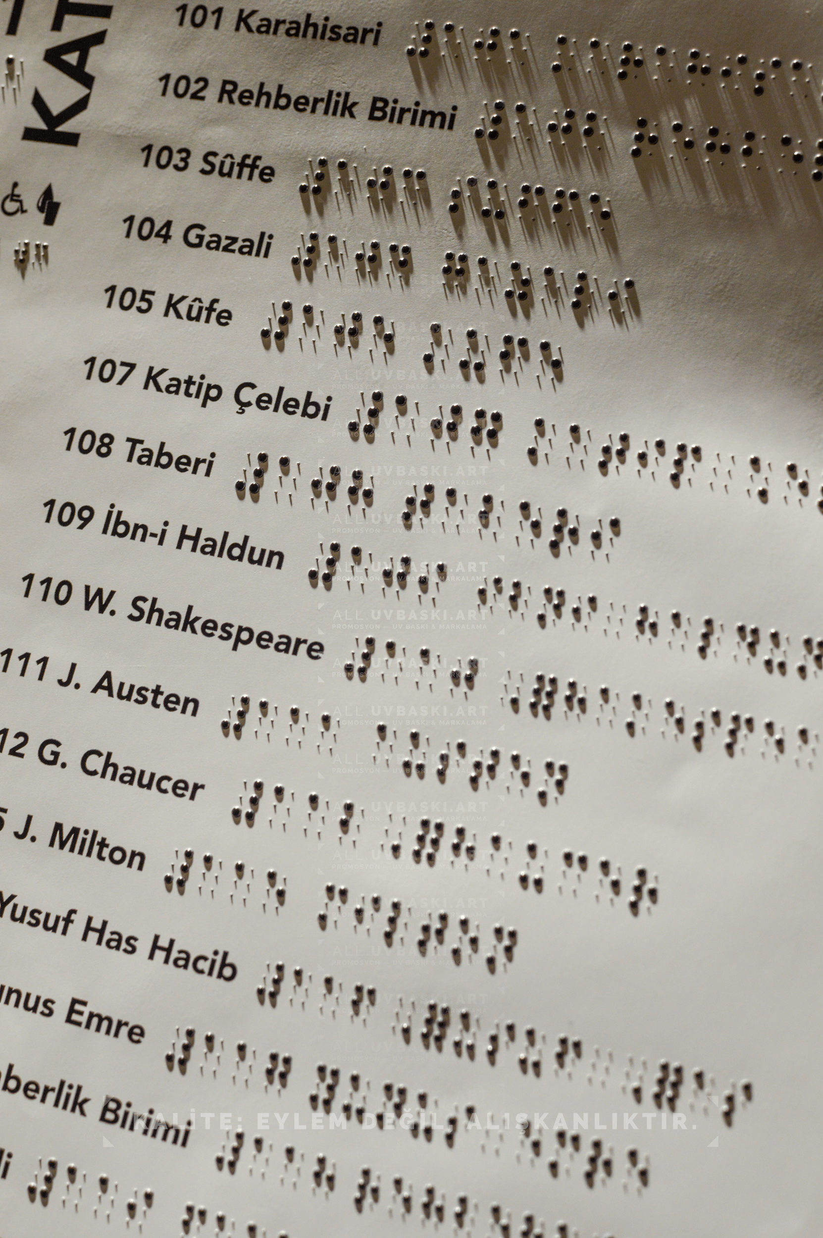 Braille alfabesi kabartma UV baskılı kat planı