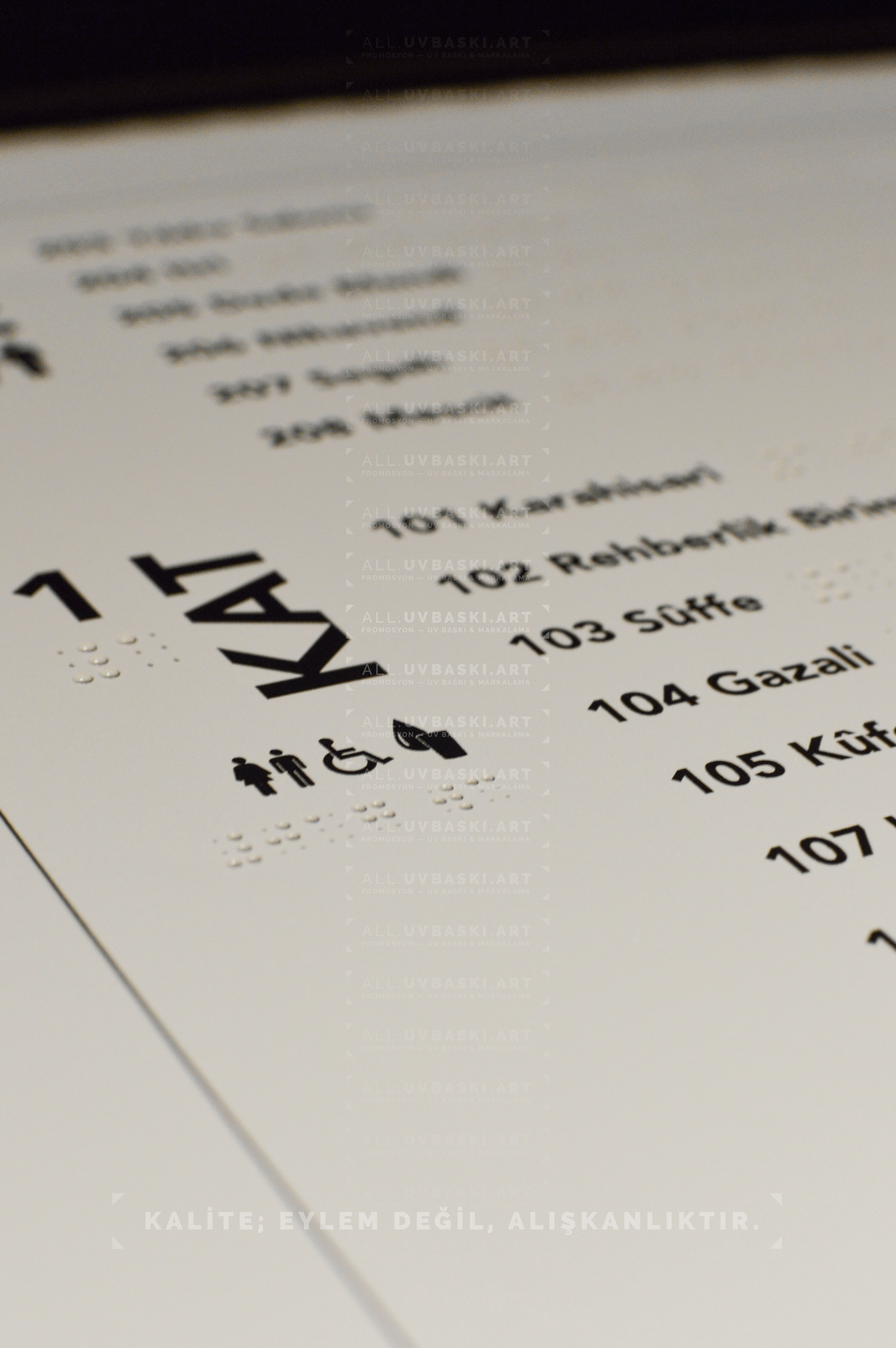 Ofis kat planında Braille alfabesi kabartma UV baskılı yönlendirme